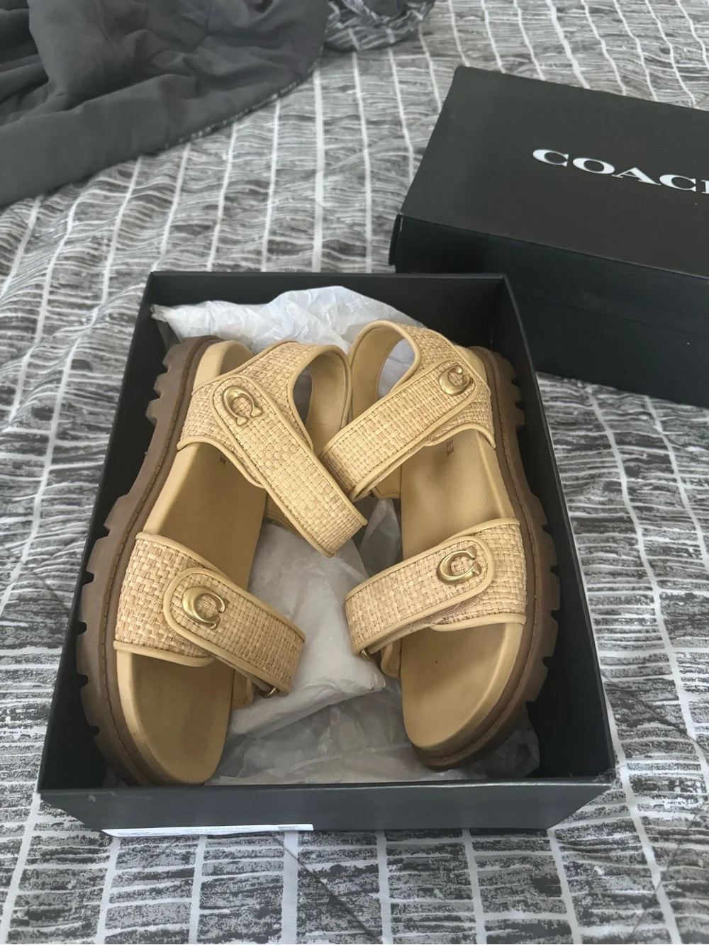 Coach Brynn Raffia Strap Sandals - Beige